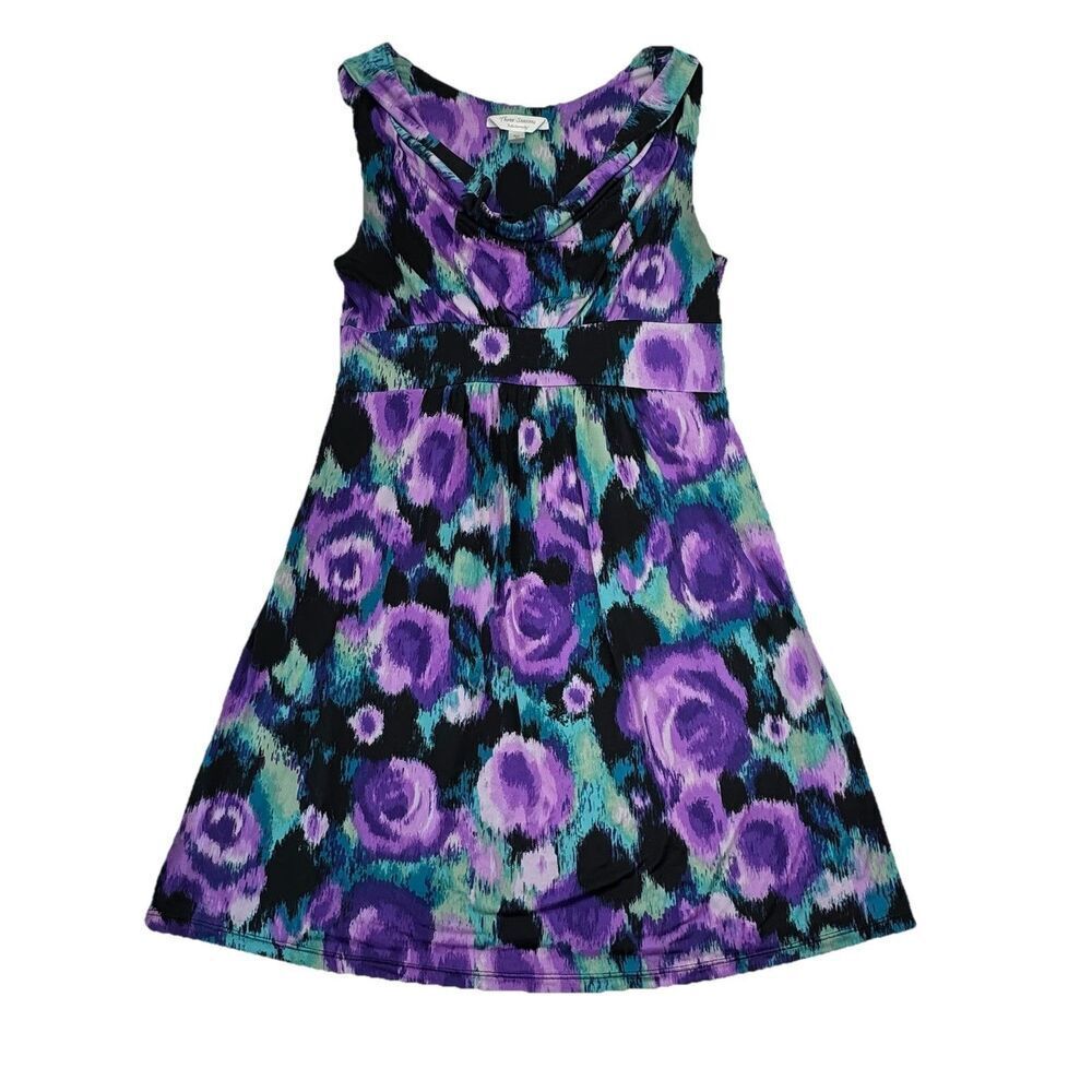 Three Seasons Maternity Dress Womens Medium Purple Floral Drape Front